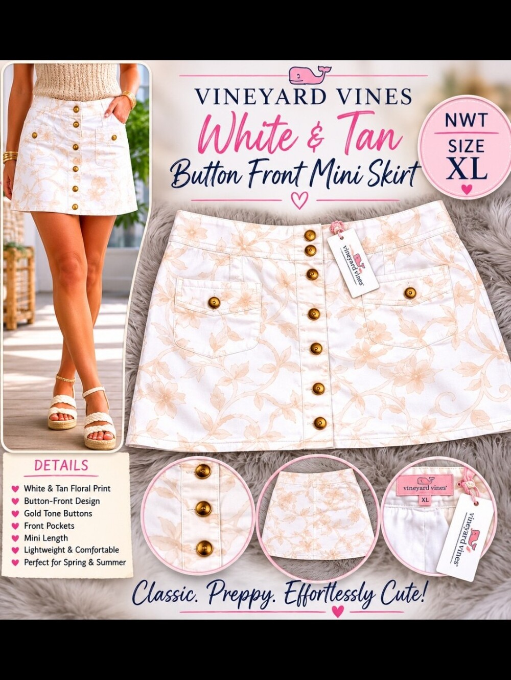 Vineyard Vines White and Tan Button-Front Mini Skirt
